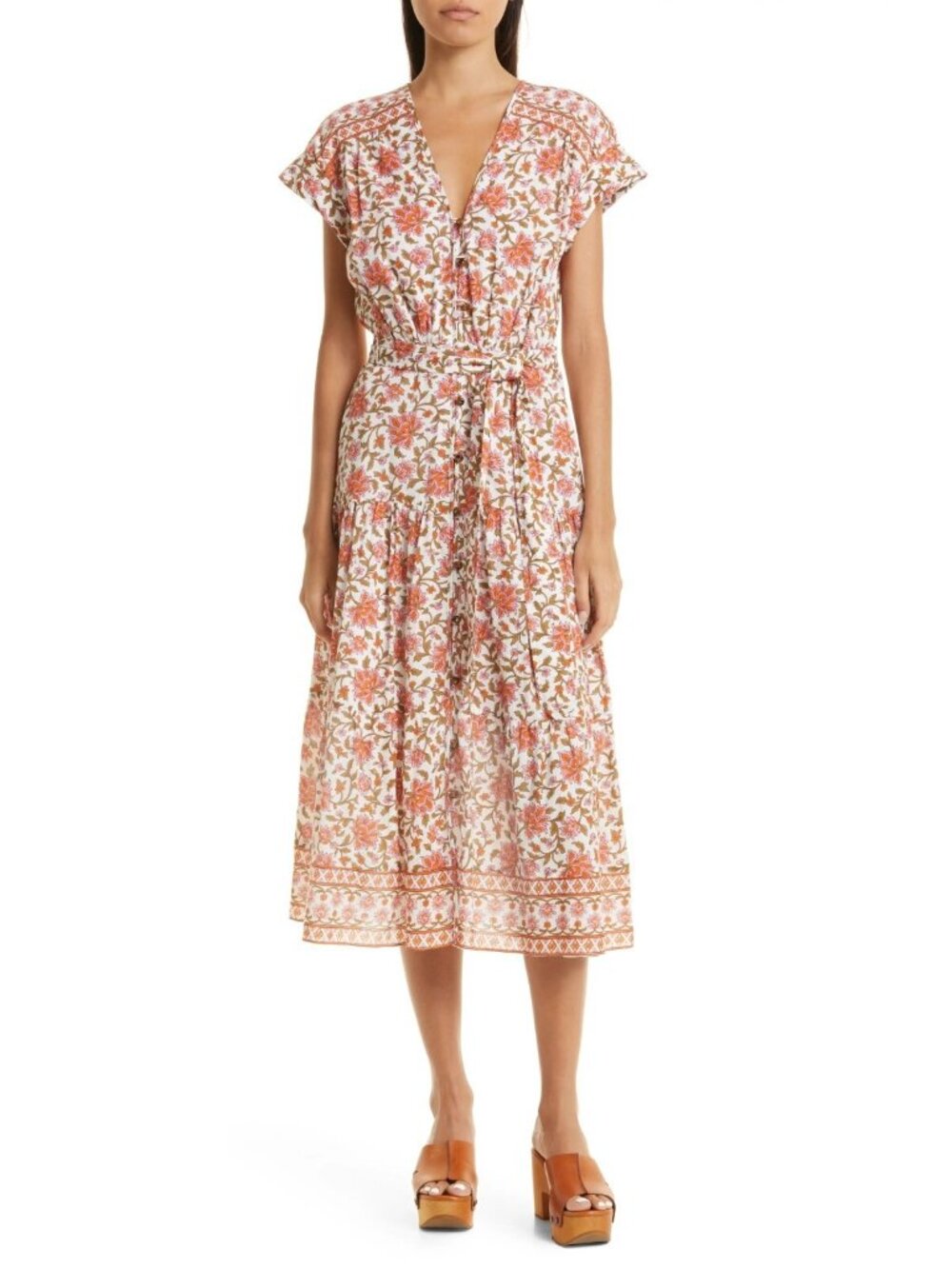 Veronica Beard Lexington Womens Belted Cotton Midi Dress Off-White Floral Size 2
